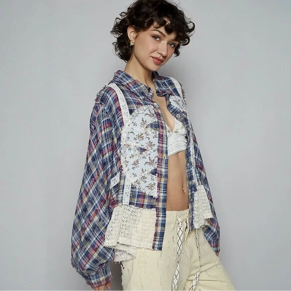 POL Plaid Pattern with Peace Patch Shirt - Picture 3 of 5